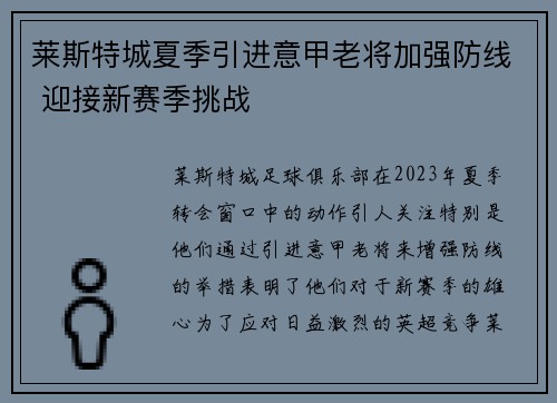 莱斯特城夏季引进意甲老将加强防线 迎接新赛季挑战